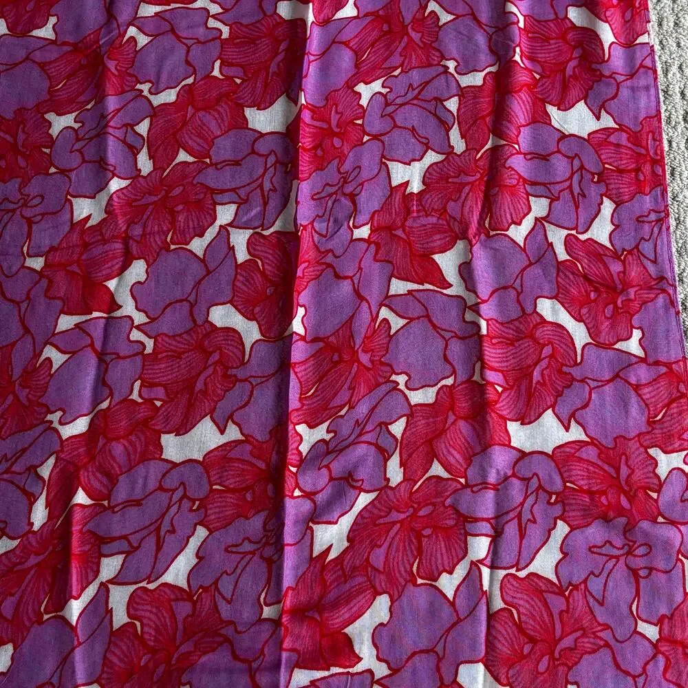 Summer weight soft rayon woven scarf pink & white floral flowers casual wrap